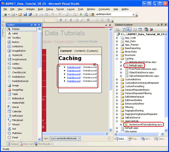 図 2: SectionLevelTutorialListing.ascx ユーザー コントロールをDefault.aspxに追加する