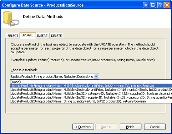 UPDATE タブの Drop-Down リストを適切な UpdateProduct オーバーロードに設定する