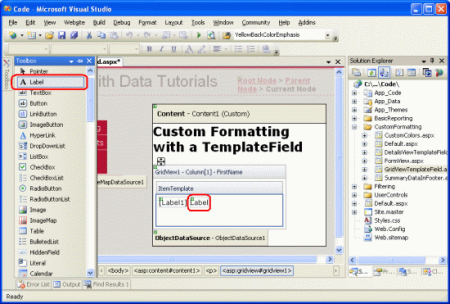 FirstName TemplateField の ItemTemplate にラベル Web コントロールを追加する