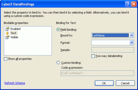 Text プロパティを LastName データ フィールドにバインドする
