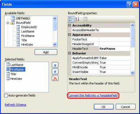 [フィールド] ダイアログ ボックスから BoundField を TemplateField に変換する