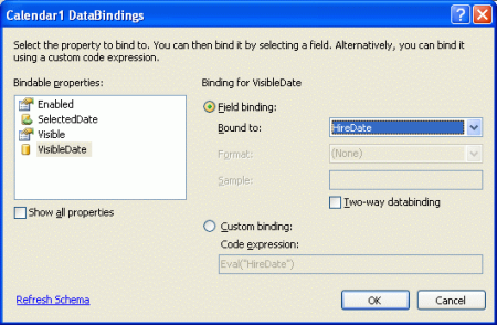 SelectedDate プロパティと VisibleDate プロパティを HiredDate データ フィールドにバインドする