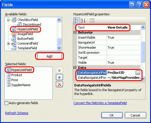 ProductDetails.aspxにリンクする「詳細を表示」HyperLinkField を追加する