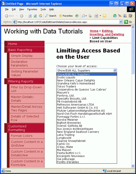 Suppliers DropDownList には、Show ALL ListItem と各サプライヤーの 1 つが含まれています