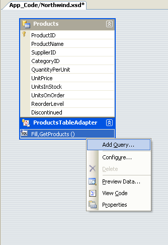  TableAdapter でRight-Click し、[クエリの追加] を選択する