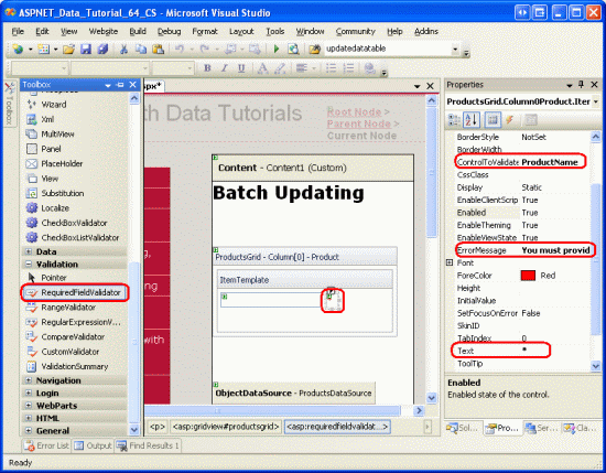 ProductName TemplateField に TextBox と RequiredFieldValidator が含まれるようになりました