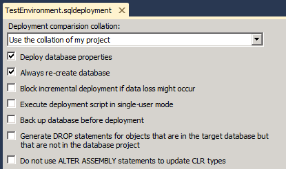 [Filename .sqldeployment] ページで、展開先環境の要件に合わせて配置プロパティを設定し、ファイルを保存します。
