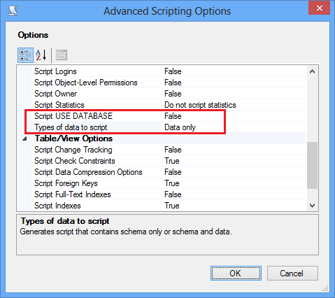 SSMS スクリプト データのみ、USE ステートメントなし