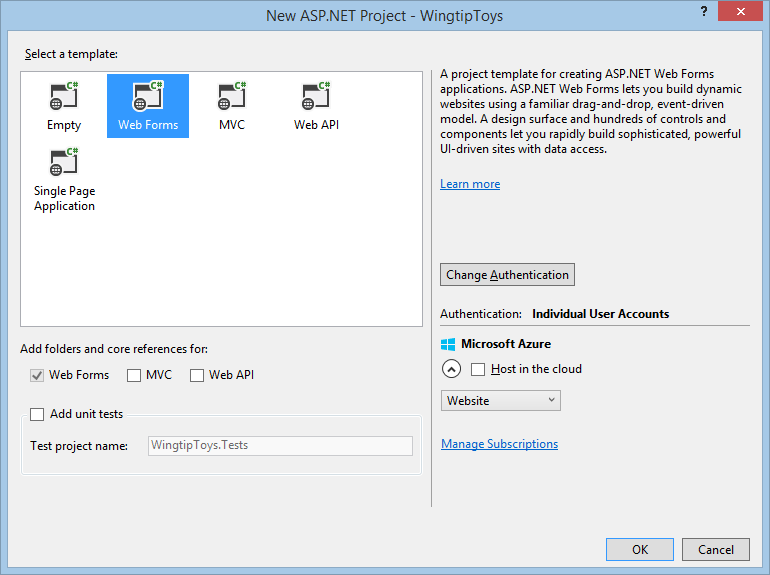 [Web フォーム] テンプレートと [OK] ボタンが選択されている [新しい ASP.NET プロジェクト] ウィンドウのスクリーンショット。