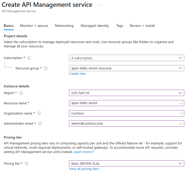 API Management インスタンスを作成するための基本設定を示すスクリーンショット。