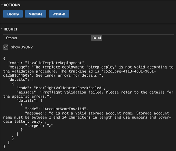 Visual Studio Code のデプロイ ウィンドウ検証エラーのスクリーンショット。