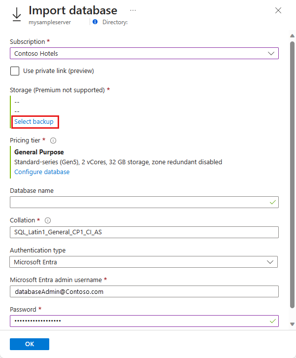 Azure ポータルのスクリーンショット、データベースインポート ページ.
