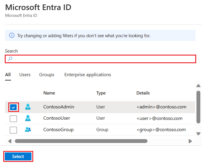 Microsoft Entra 管理者を追加するための Azure ポータルのページのスクリーンショット。