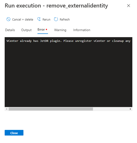 実行中に検出されたエラーを示すスクリーンショット。