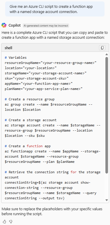 接続されたストレージ アカウントを使用して関数アプリを作成する Azure CLI スクリプトを提供する Azure Copilot のスクリーンショット。
