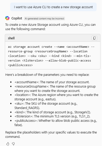 ストレージ アカウントを作成するための Azure CLI コマンドを提供する Azure Copilot のスクリーンショット。