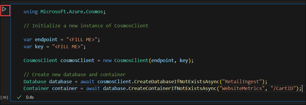 Visual Studio Code の Jupyter C# Notebook でセルを実行する操作のスクリーンショット。