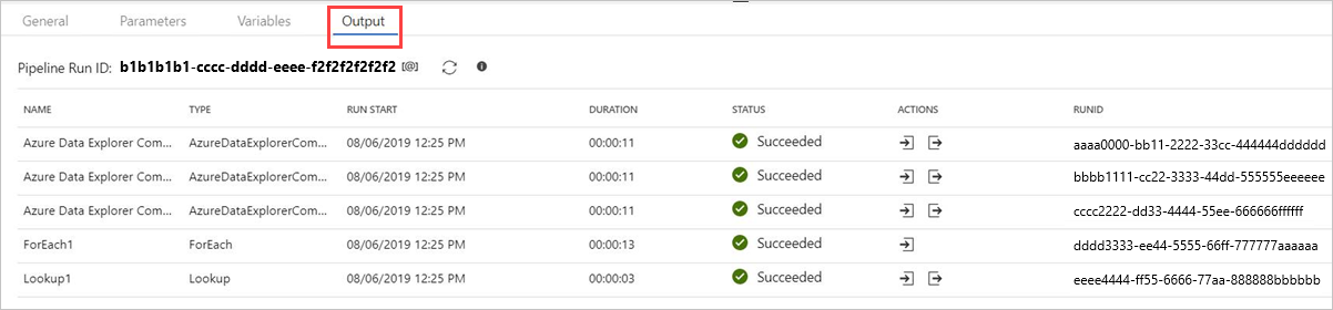 Azure Data Explorer のコマンド アクティビティ出力。