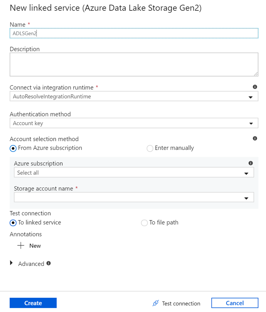 Azure Data Lake Storage の新しいリンクされたサービスを作成するためのペインのスクリーンショット