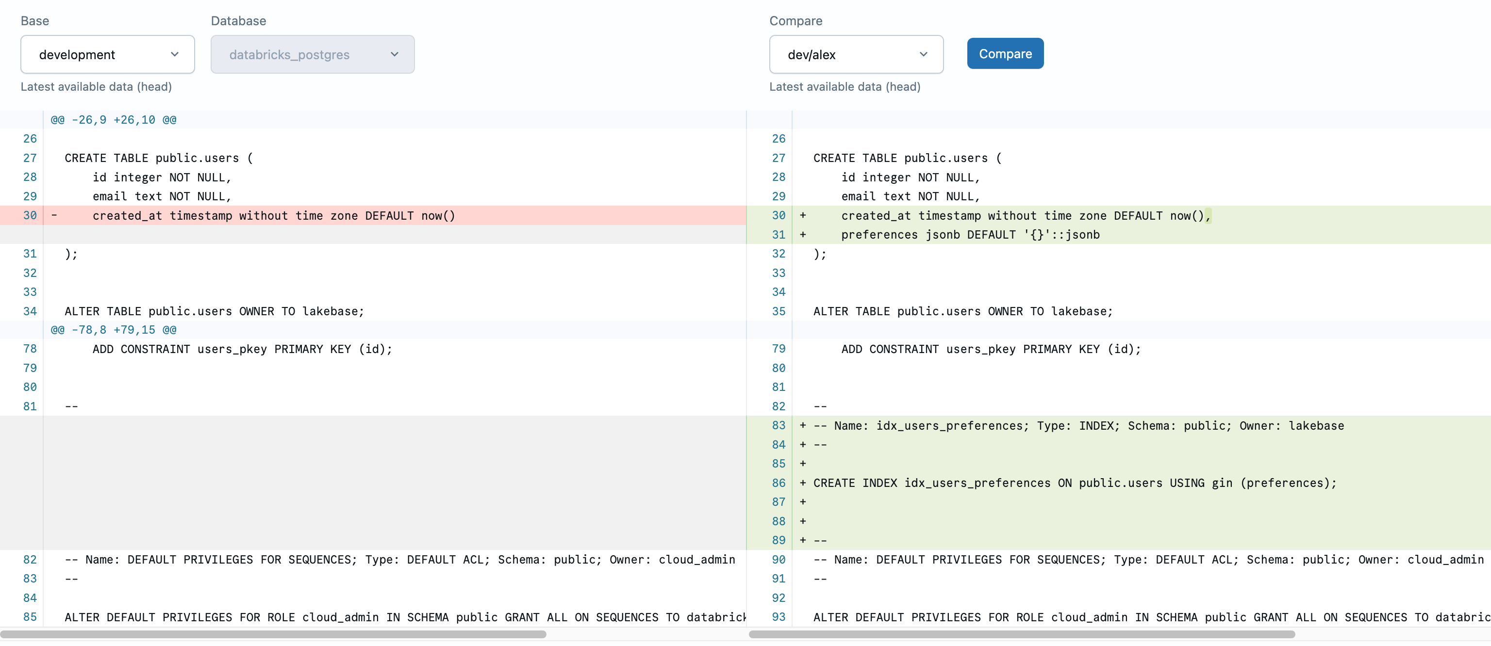 dev/alex ブランチに追加された基本設定列とインデックスを示すスキーマの相違
