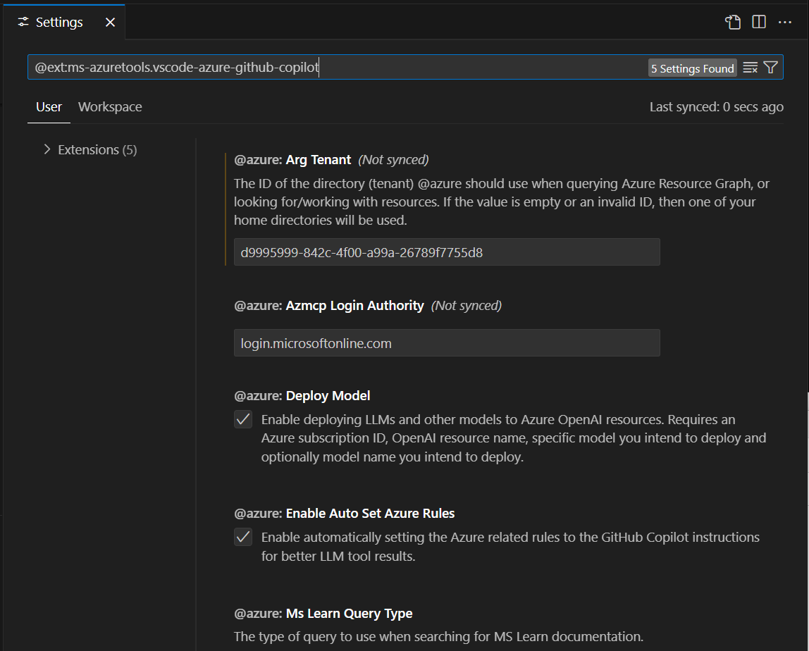 Azure Resource Graph テナントを設定するオプションを含む [設定] タブを示すスクリーンショット