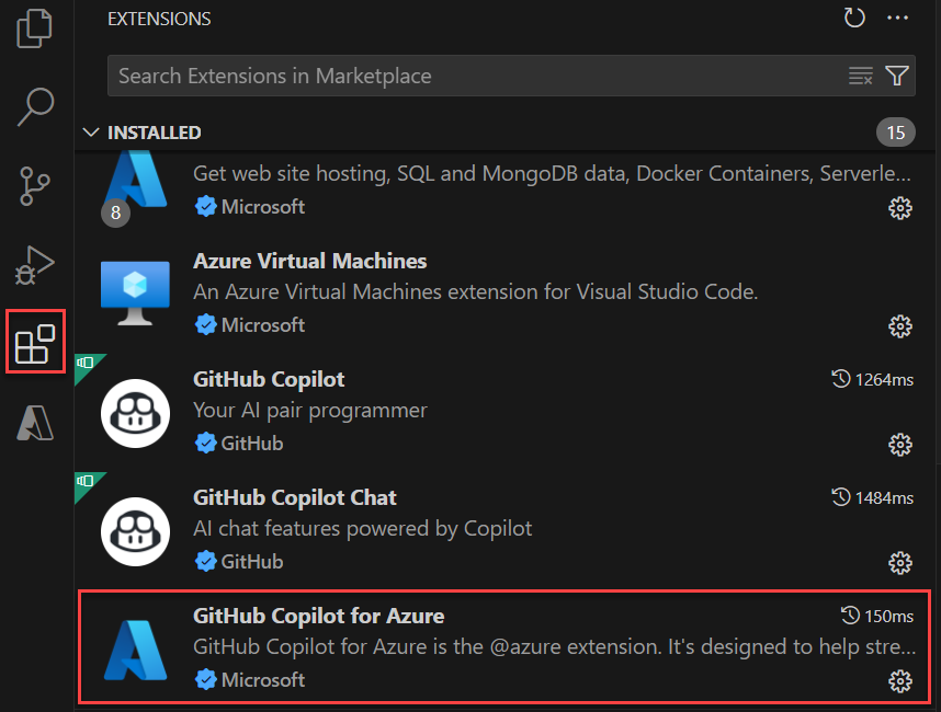 Visual Studio Code の拡張機能一覧で Azure 用 GitHub Copilot を示すスクリーンショット。