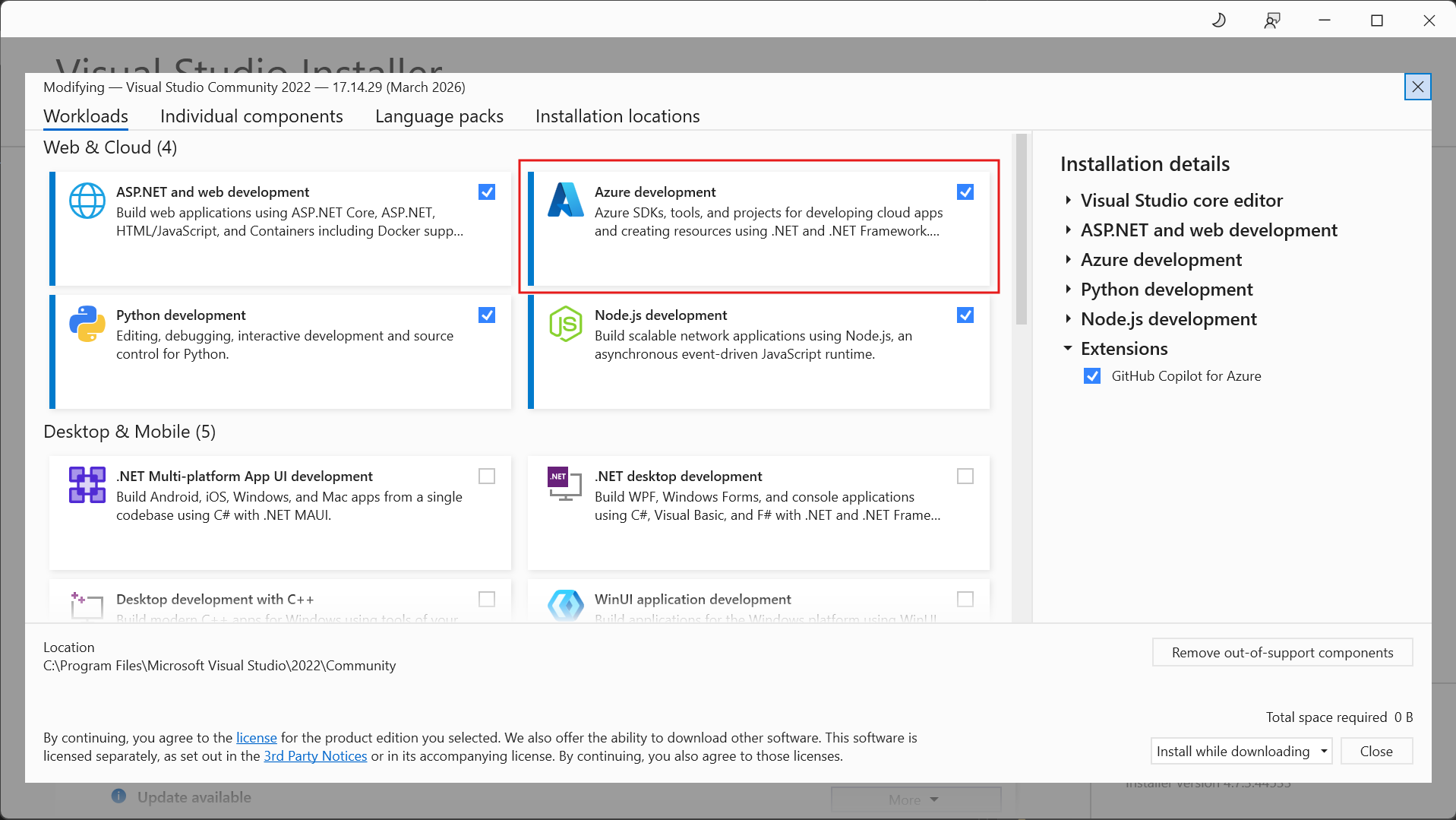 Azure開発ボタンが強調表示されたVisual Studioインストーラーを示すスクリーンショット。