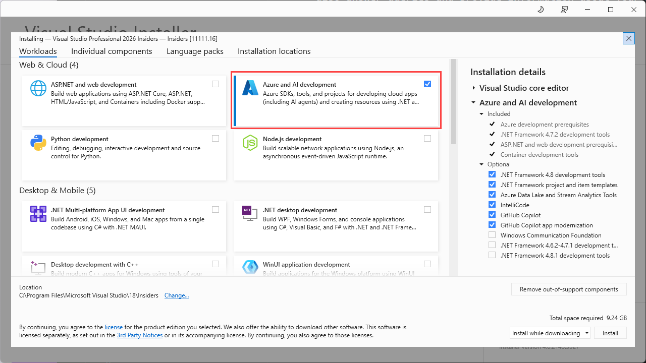 Azure AI 開発オプションが選択され強調表示されているVisual Studio インストーラーの使用可能なワークロードを示すスクリーンショット。
