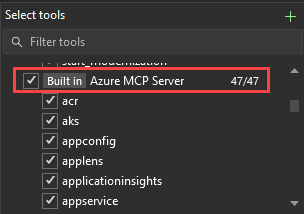 Azure MCP サーバーノードが選択された選択ツールのダイアログを示すスクリーンショット