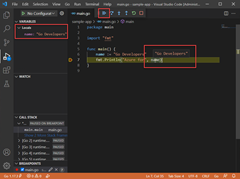 VS Code でのデバッガーの実行を示すスクリーンショット。