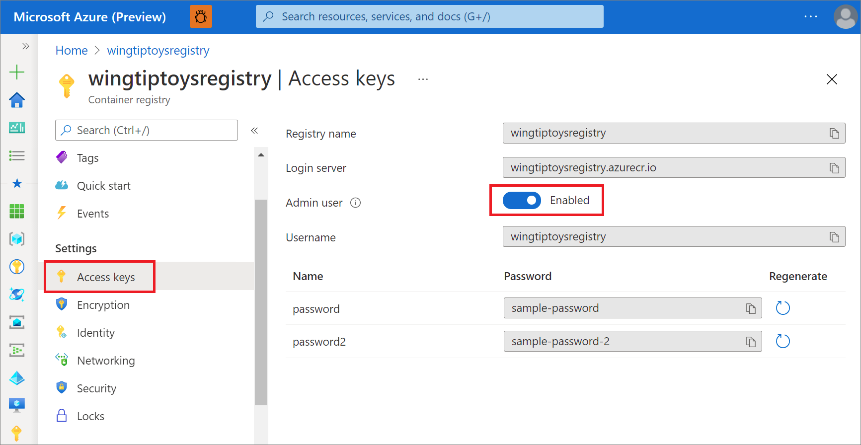 Azure Portal の管理者ユーザーを有効にする UI