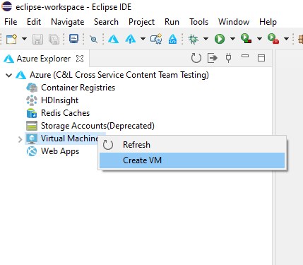 Azure Explorer で [VM の作成] オプションを選択します。