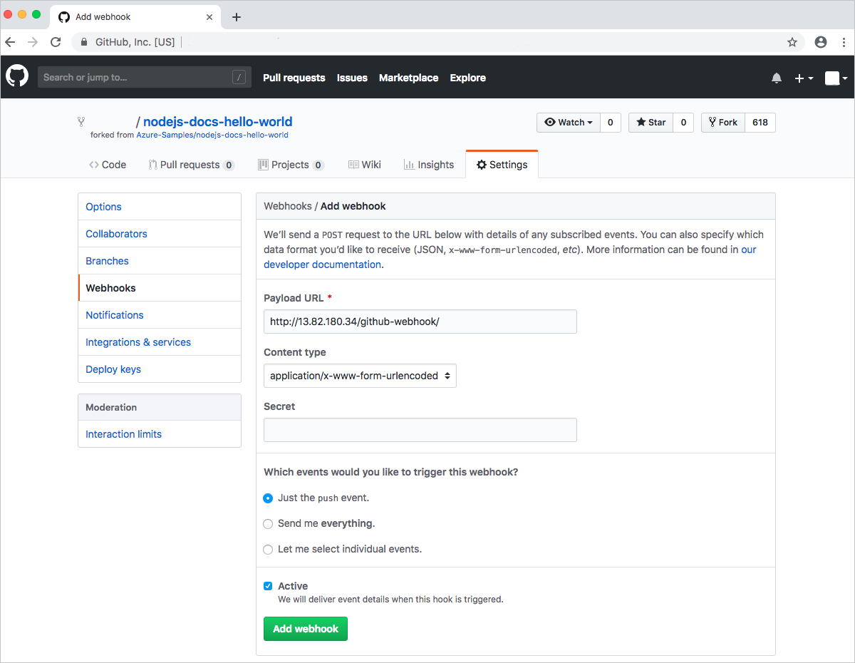 フォークされたリポジトリに GitHub webhook を追加する