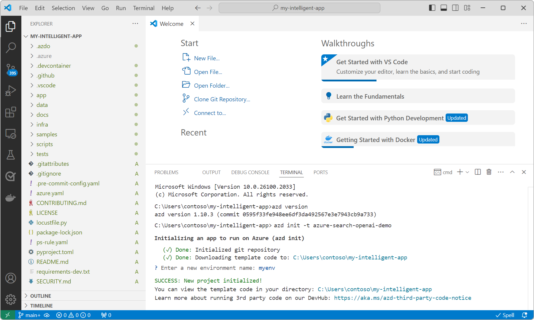 Visual Studio Code のエクスプローラー ビューで開かれている my-intelligent-app プロジェクト ディレクトリのスクリーンショット。