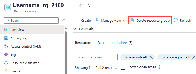 Azure portal でリソース グループを削除する方法を示すスクリーンショット。