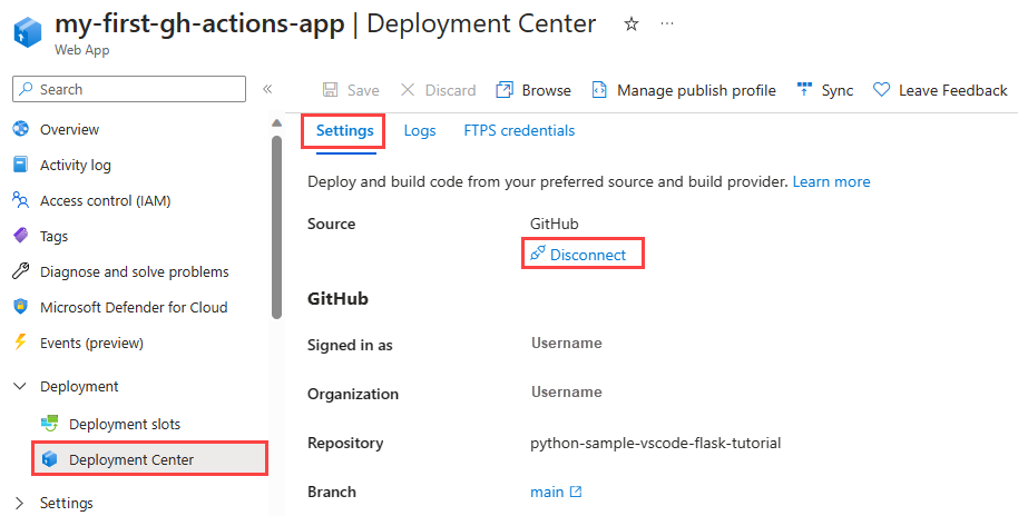 Azure portal で App Service インスタンスから GitHub Actions を切断する方法を示すスクリーンショット。