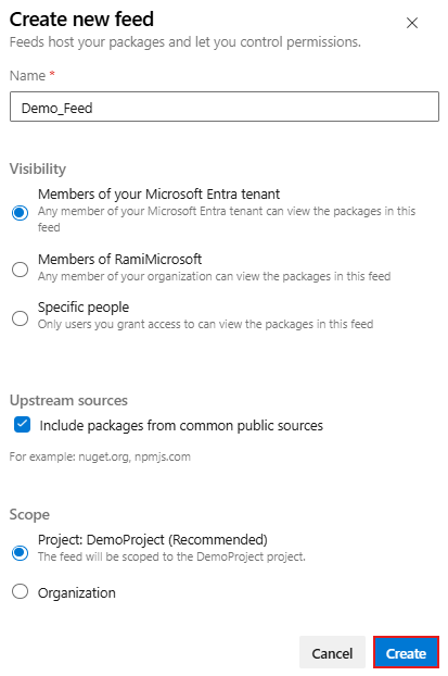 Azure DevOps Services で新しいフィードを作成する方法を示すスクリーンショット。