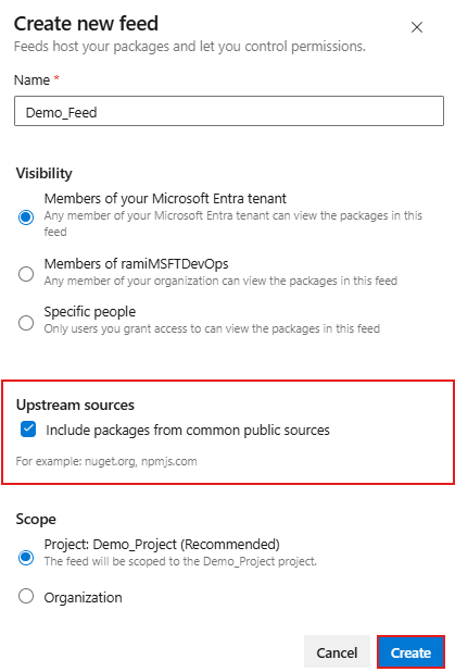 必要なフィードを作成し、Azure Artifacts でアップストリーム ソースを有効にする方法を示すスクリーンショット。