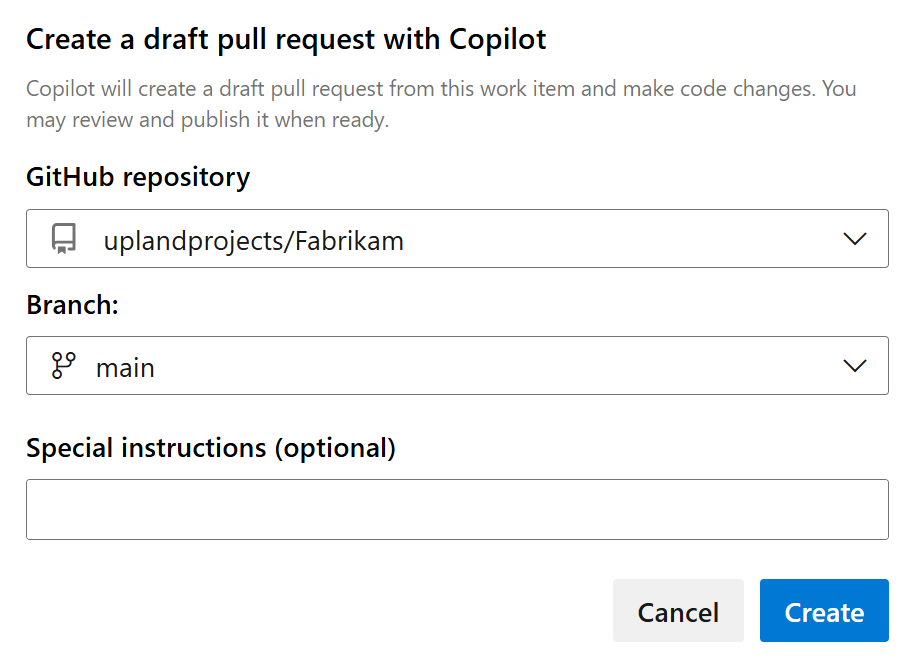 リポジトリとブランチのメニュー ドロップダウンが表示されており、Copilot で下書きプルリクエストを作成するために使用します。