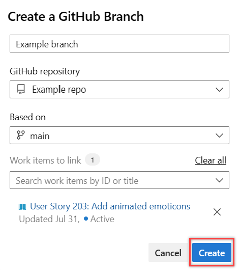 GitHubブランチの作成ダイアログのスクリーンショット.