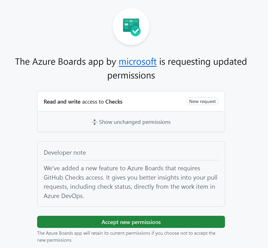 更新されたアクセス許可を示すAzure Boards GitHub アプリのアクセス許可ダイアログのスクリーンショット。