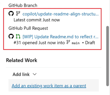 リンクされたGitHubプルリクエストの状態（クローズ、レビュー、チェック）を示す開発セクションのスクリーンショット。
