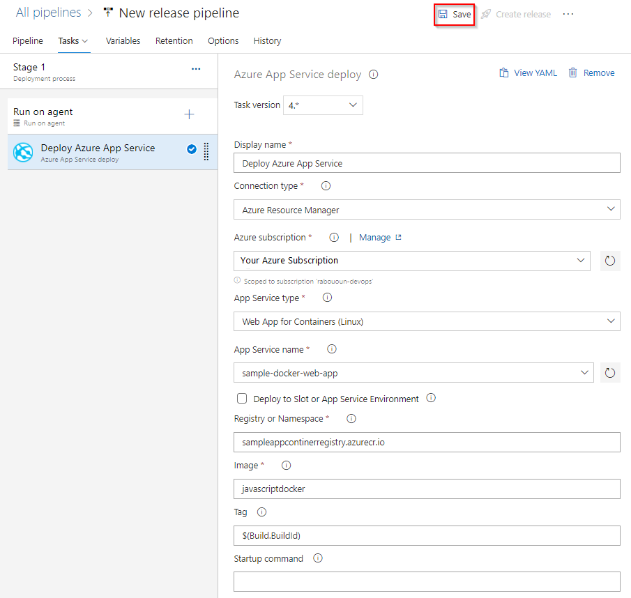 Azure App Service のデプロイ タスクのスクリーンショット。