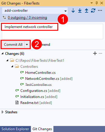 Visual Studio の [Git の変更] ウィンドウの [すべてコミット] オプションのスクリーンショット。