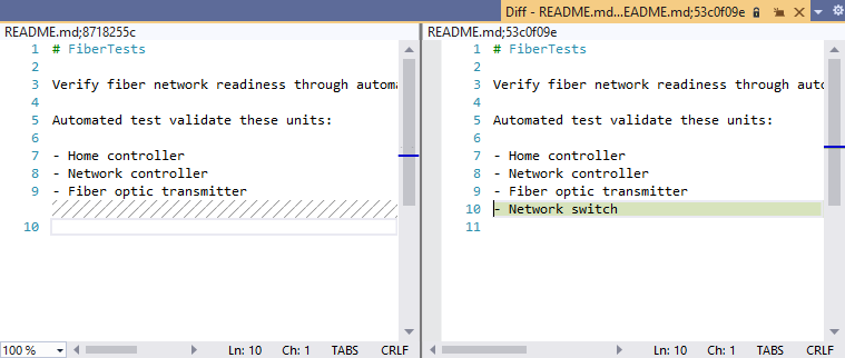 Visual Studio 2019 のファイル差分ウィンドウのスクリーンショット。