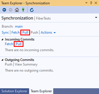 Visual Studio 2019 のチーム エクスプローラーの同期ビューのプル オプションのスクリーンショット。