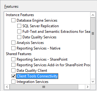 SQL Server クライアント ツールの接続機能のインストールのスクリーンショット。