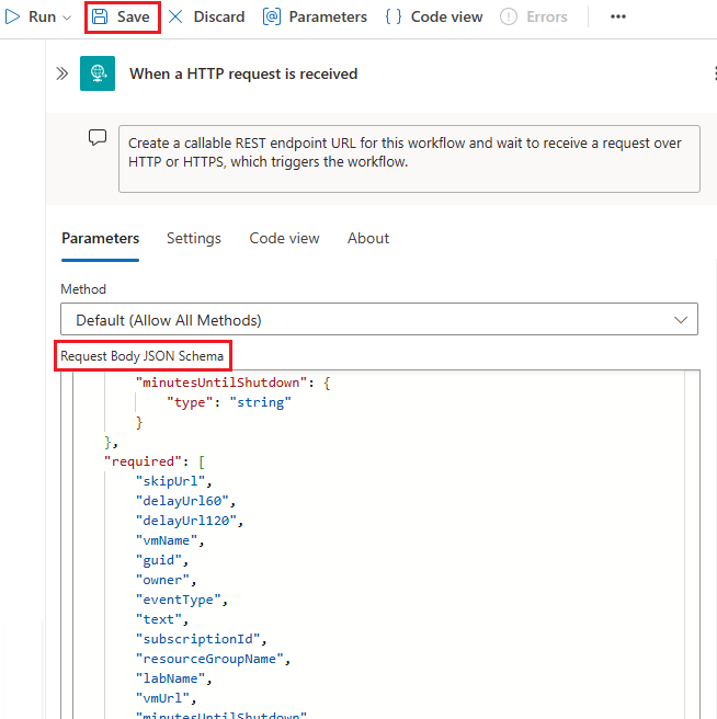 デザイナーの [要求本文の JSON スキーマ] を示すスクリーンショット。