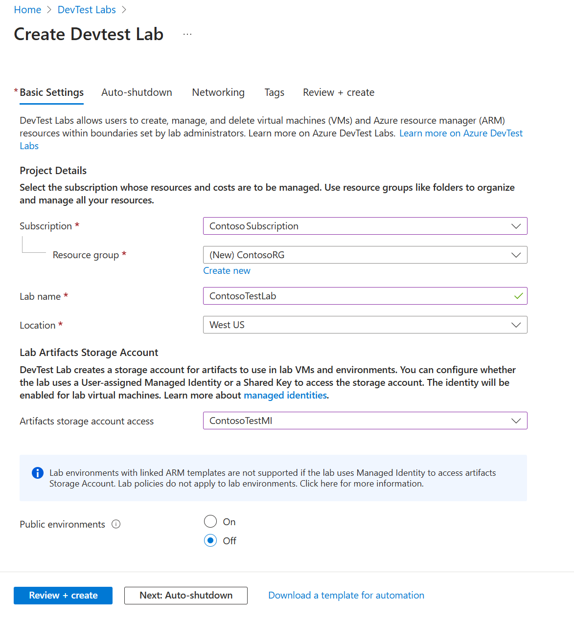 DevTest Labs 作成フォームの [基本設定] タブのスクリーンショット。