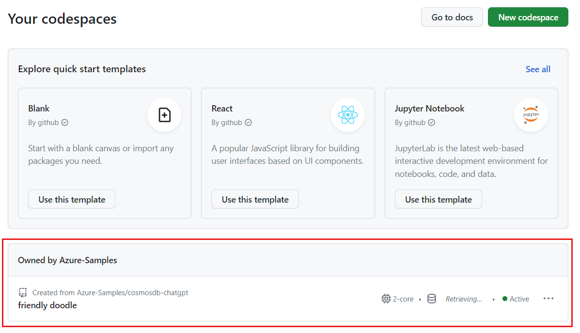 状態とテンプレートを含むすべての実行中の devcontainer のスクリーンショット。